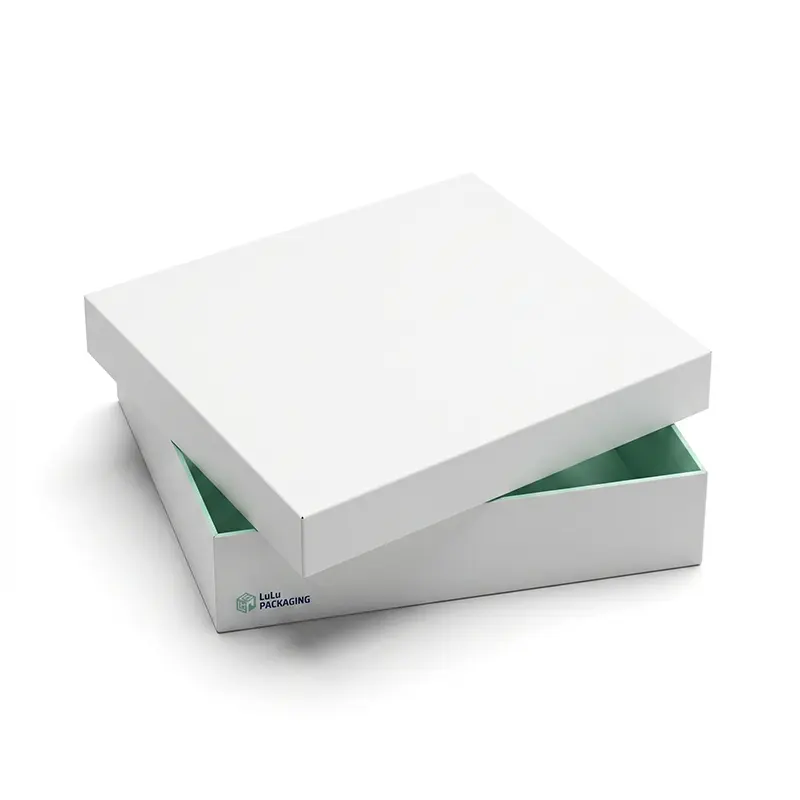 Premium white two piece rigid packaging box with LuLu Packaging logo for luxury cosmetic products